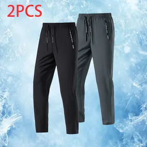 Men’s Summer Ice Silk Quick-Dry Straight-Leg Pants, Breathable, Drawstring Waist, Fitness/Sports/Casual (Pack of 2), Breathable Sporty Bottoms, Casual Sporty Trousers,summervibes