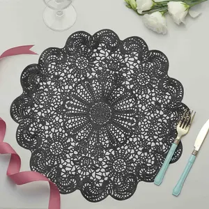 6-Pack Vinyl Dining Table Mats 15" Vintage Floral Lace Design Black - Non-Slip Placemats