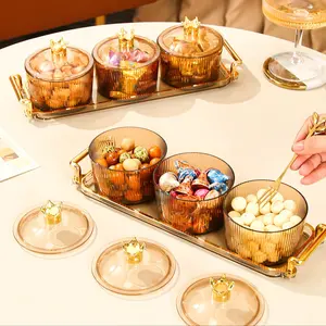 Snack Storage Box Set with Lid Divided Nut Plate Crown Shape Fruit Snack Tray 1 Tray 3 Jars 3 Lids Dustproof Moisture Proof Living Room Coffee Table Organizer