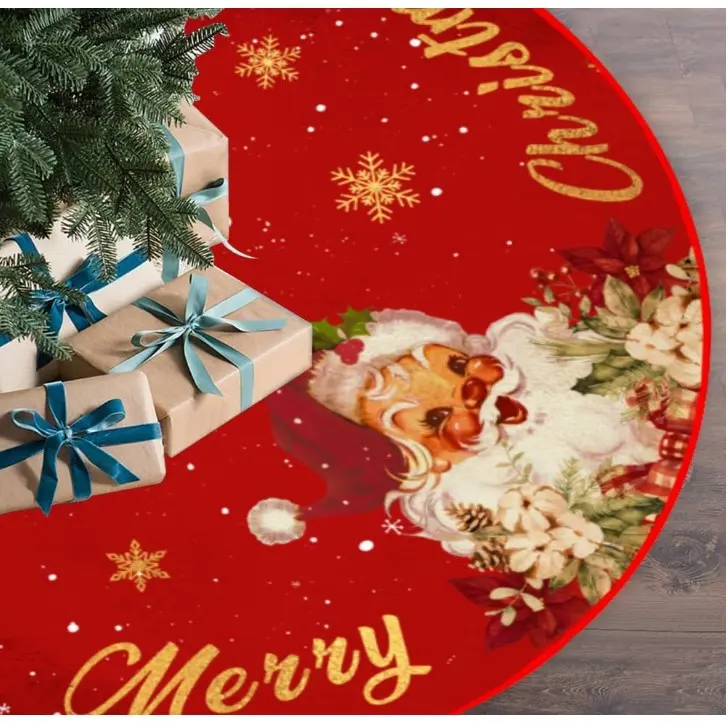 Christmas Tree Skirt Red and Gold Christmas Decorations - Xmas Tree Skirt Mat with Santa Claus Snowflake Pattern for Indoor Outdoor Merry Christmas Holiday Party Decor 48 Inches