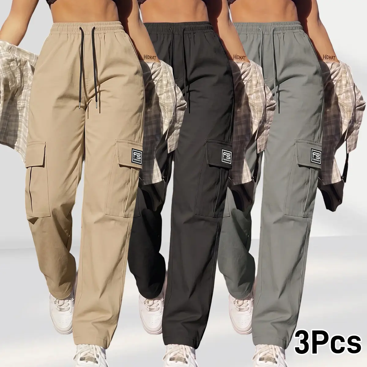 3PCS women’s casual cargo pants: loose, relaxed wide-leg harem pants with pockets for beachwear; vacation summer women’s clothing; quick-dry, lightweight hiking/travel/running comfort pants with pockets; summer style; women’s casual loose high-waisted wid