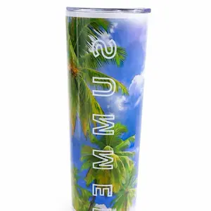 Summer Tumbler with Palm Tree Design and Blue Sky Background