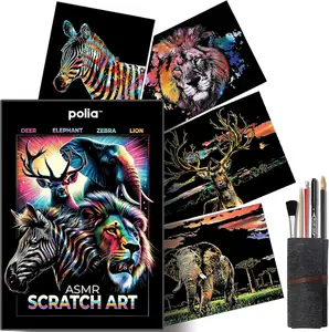 ASMR Glitter Scratch Art Set (Satisfying) 5-Pack Canvas 4 Animals 1 Freestyle 1 Toolkit Art Supplies Repair Pen Large 16x11 inches Relaxing Etch Sound Art Kit