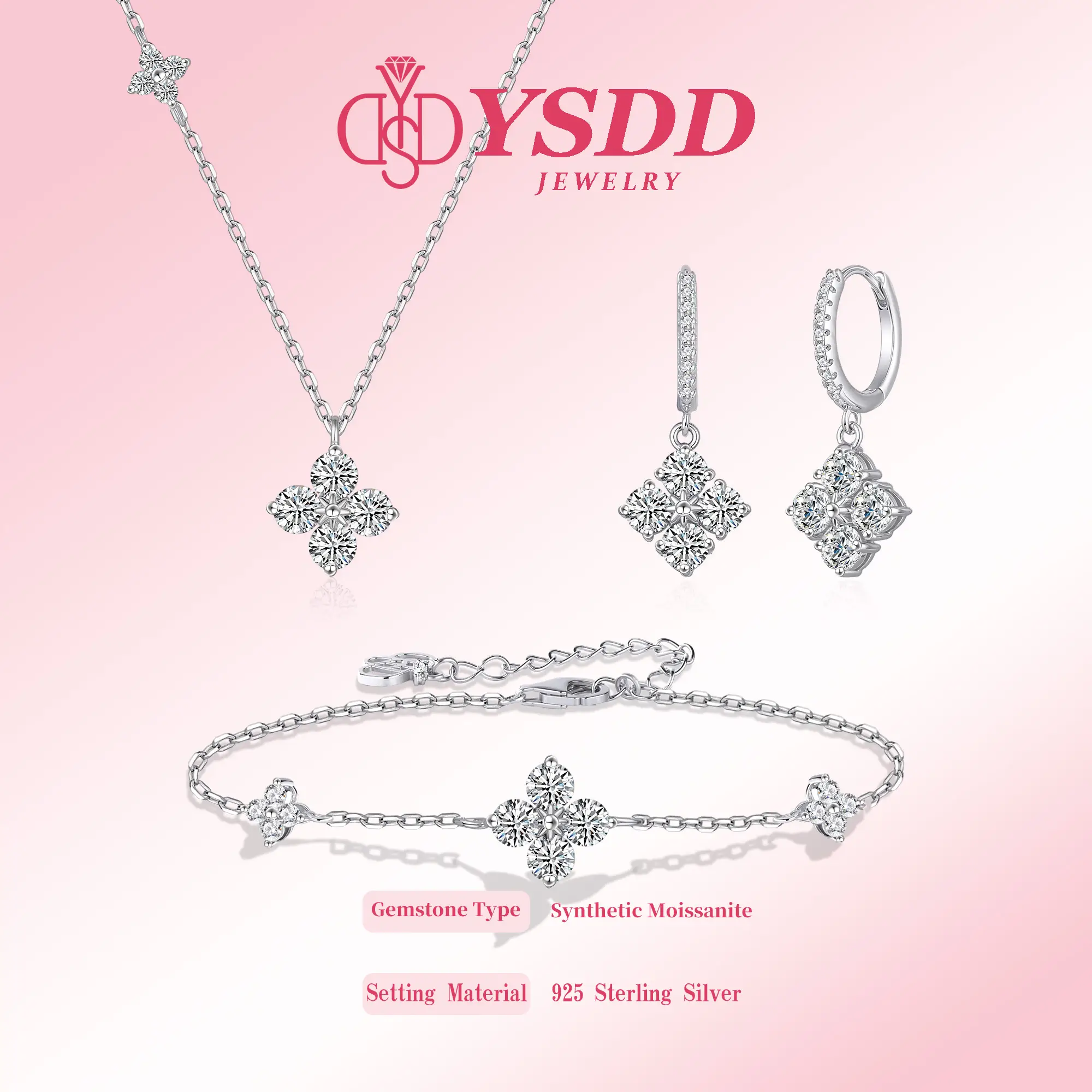 【#395】Elegant 1.2CT Clover Synthetic Moissanite Jewelry in 925 Sterling Silver