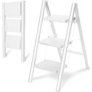 Step Ladder 3 Step Folding, Sturdy 330 Lbs Load Step Stool for Adults,  Full Steel Kitchen Closet Ladder for , Multi-use Small Step Stool Ladder with Anti-Slip Wide Pedals, White