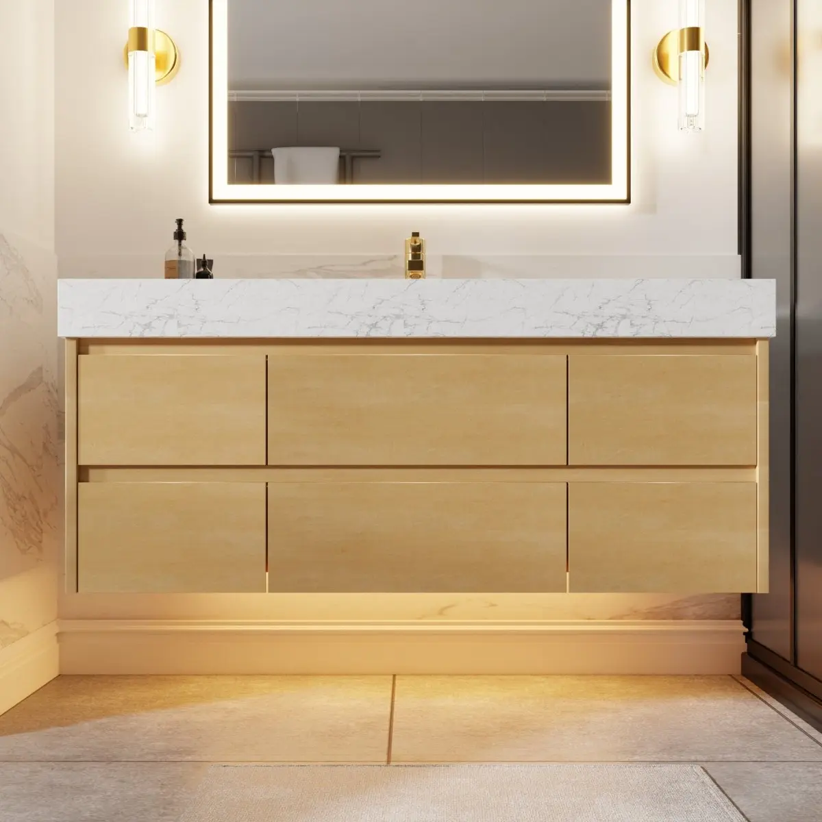 Sleek 48" Natural Maple Bathroom Vanity with Lights and Stone Slab Countertop