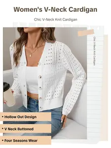 Women's Spring Summer Fashion Solid Color Knit Long Sleeve Casual Hollow Out V Neck Button Cardigan, All Seasons Versatile Sweater
