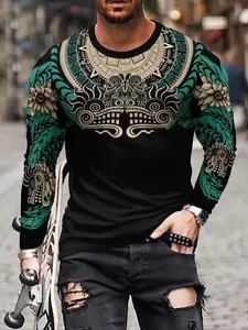 Men's Casual Long Sleeve T-Shirt, Casual Streetwear 3D Print Design, Casual Street Style, Stretchy Fitted Pullover Top, Comfortable Fit for Fall & Winter Seasons