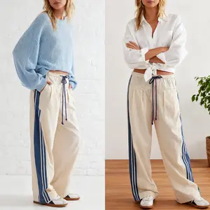 Molitree Women's Wide Leg Pants Drawstring High Waist Side Stripe Elastic Casual Pants with Pockets Womenswear Loose Fit Activewear Trouser