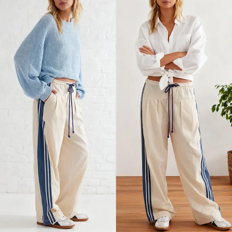Molitree Women's Wide Leg Pants Drawstring High Waist Side Stripe Elastic Casual Pants with Pockets Womenswear Loose Fit Activewear Trouser