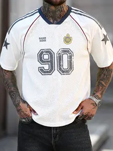 Men's Summer V Neck Mesh Hollow Out Loose Fit Baseball Tee, Retro Number Print Star Pattern, Casual Street Style Football Fan T-Shirt
