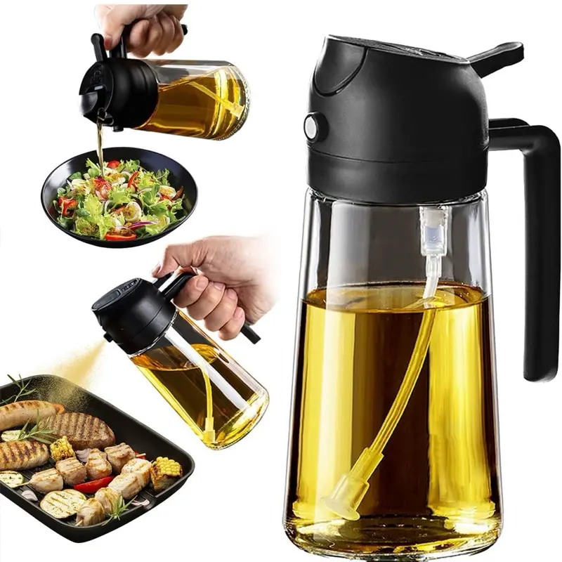 TrendPlain 16oz 470ml Glass Olive Oil Sprayer for Cooking 2 in 1 Olive Oil Dispenser for Kitchen Gadgets Air Fryer Salad & BBQ Black