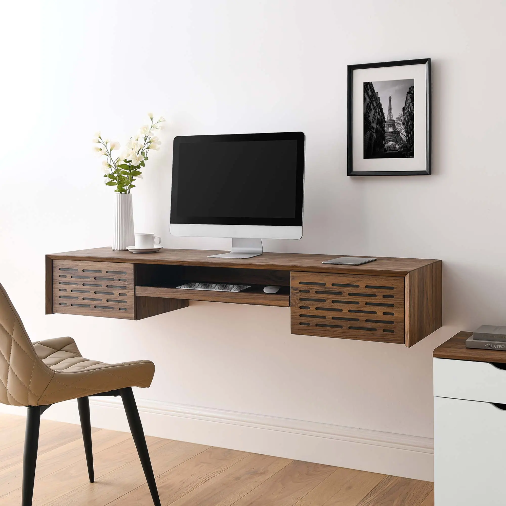 Modway Merit 60" Wall Mount Wood Office Desk in Walnut