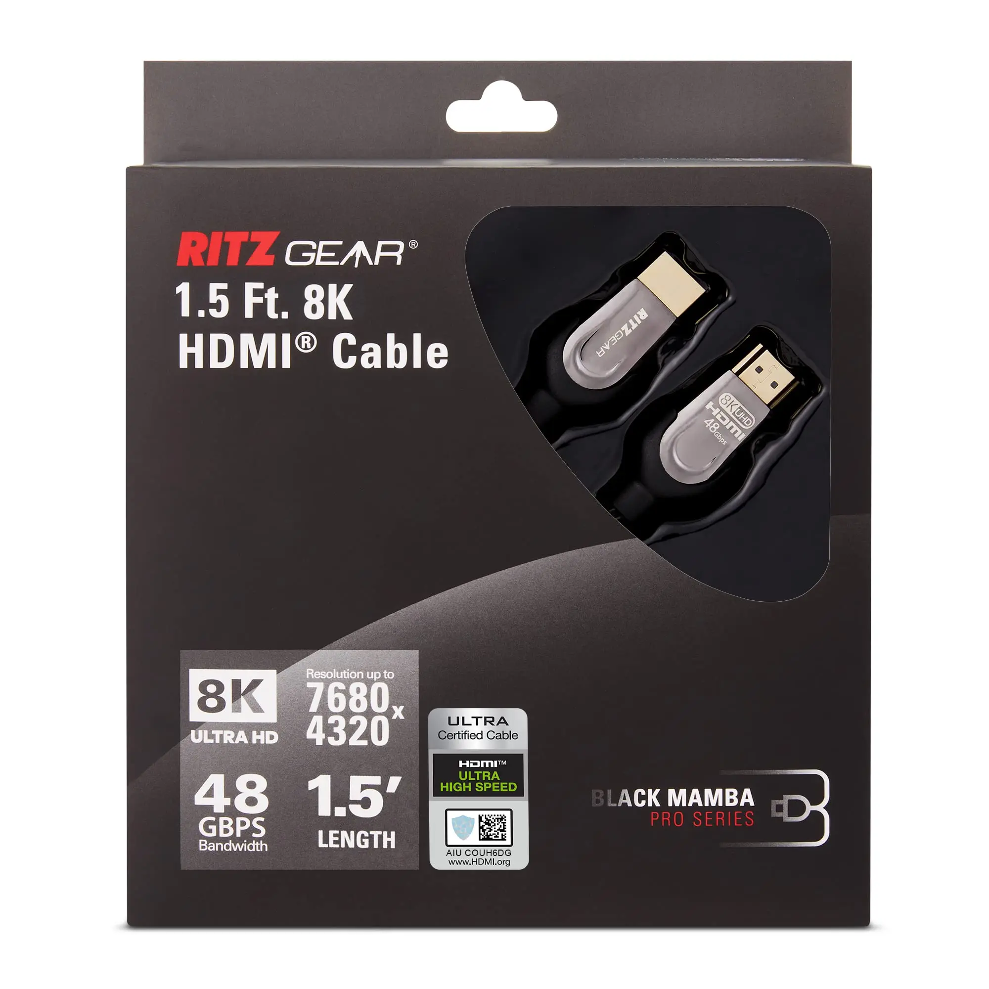 Ritz Gear 8K HDMI 2.1 Cable 1.5 ft. 48 Gbps Ultra High Speed Braided Nylon Cord & Gold Connectors - 10K/8K@60Hz UHD Video/4K@120Hz/4K@60Hz/2K/1080P. Compatible with UHD TV/Monitor/PC/PS5/Xbox