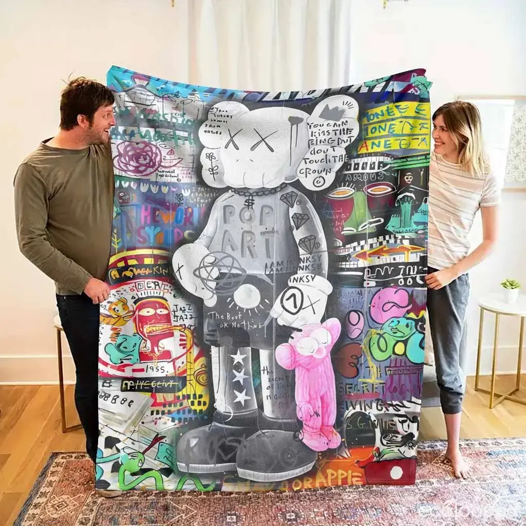 Graffiti Art Flannel Blanket with KAWS Inspired Pop Art Print, Ultra-Soft Warm Lightweight for Home Decor, Living Room, Bedroom, Travel, Unique Gift for Art Lovers, Collectors, Adding Modern Stylish Urban Aesthetic to Your Space. tiktoks