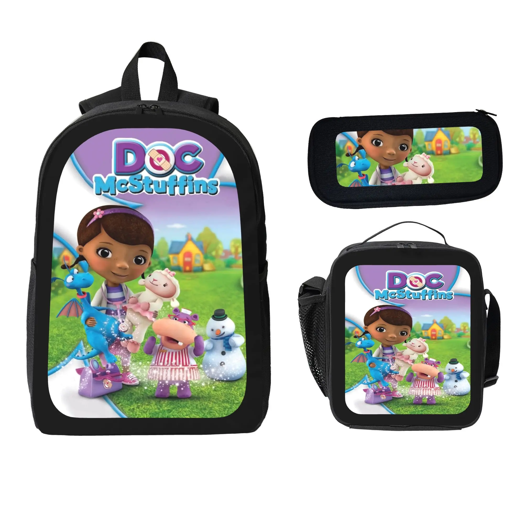 Cartoon Doc Mcstuffins Backpack Combo - School Backpack + Pencil Pouch + Lunch Box - Durable Polyester, Great for School, Travel, Outdoor Activities