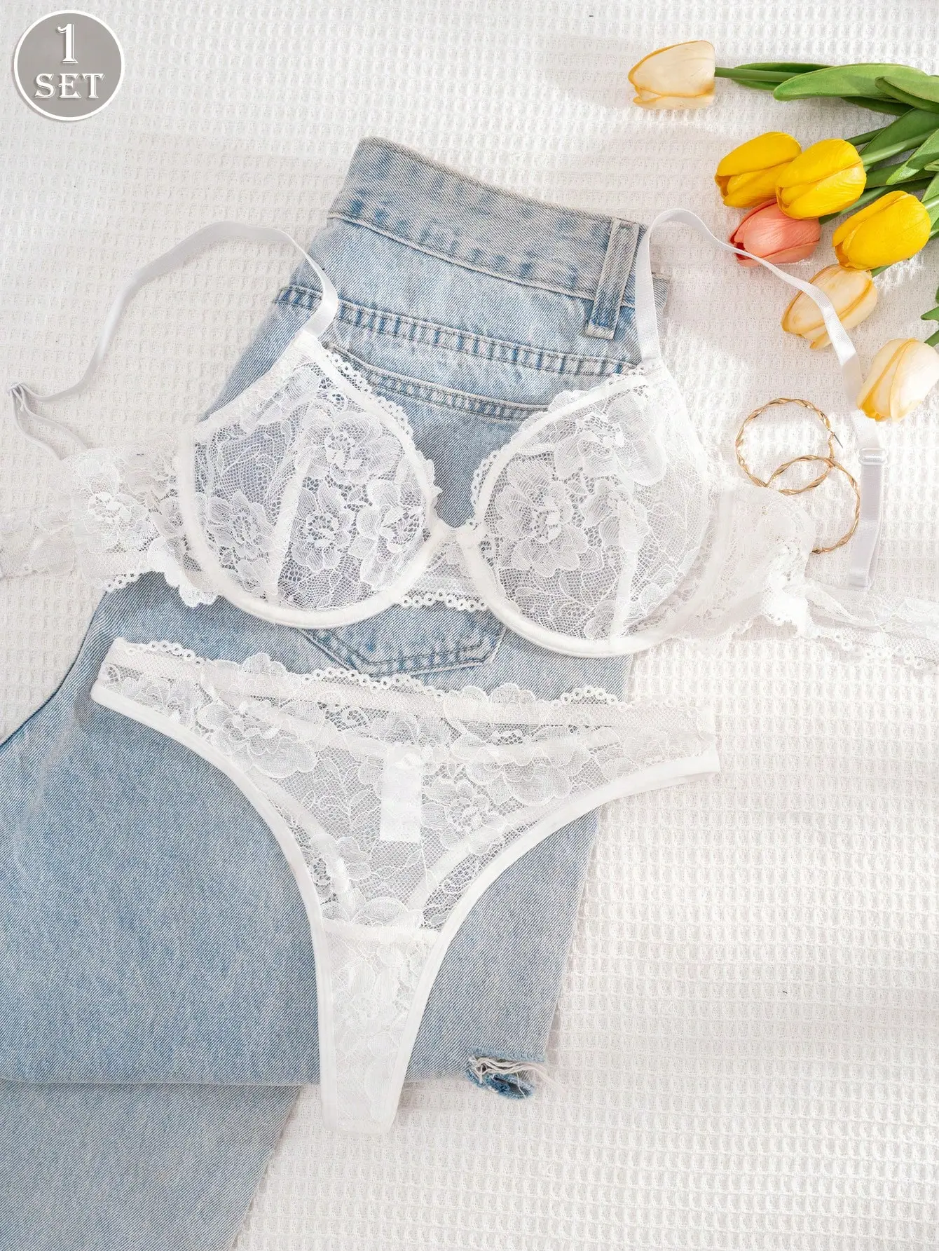 FS Women's Solid Color Lace Bra & Panty Set With Underwire Comfort Lingerie Intimates 2 Piece Set Sexy Romantic Date Night Nightwear