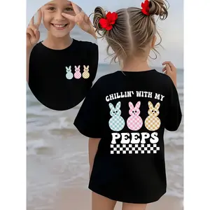 Girls' Easter Summer Minimalist Breathable Short-Sleeve T-Shirt, 'CHILLIN' WITH MY PEEPS' Phrase, 3 Little Bunnies Cartoon Print, Double-Sided Print, Casual Versatile Top NY-DX5172