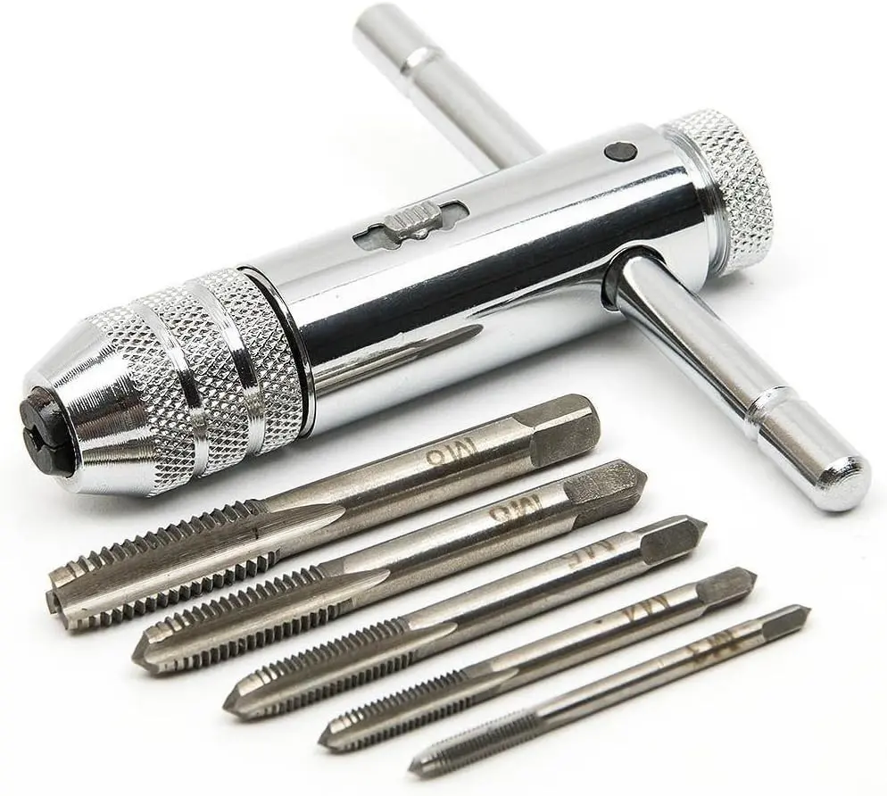 Adjustable Silver T-Handle Ratchet Tap Holder Wrench with 5pcs M3-M8 3mm-8mm Machine Screw Thread Metric Plug T-shaped Tap