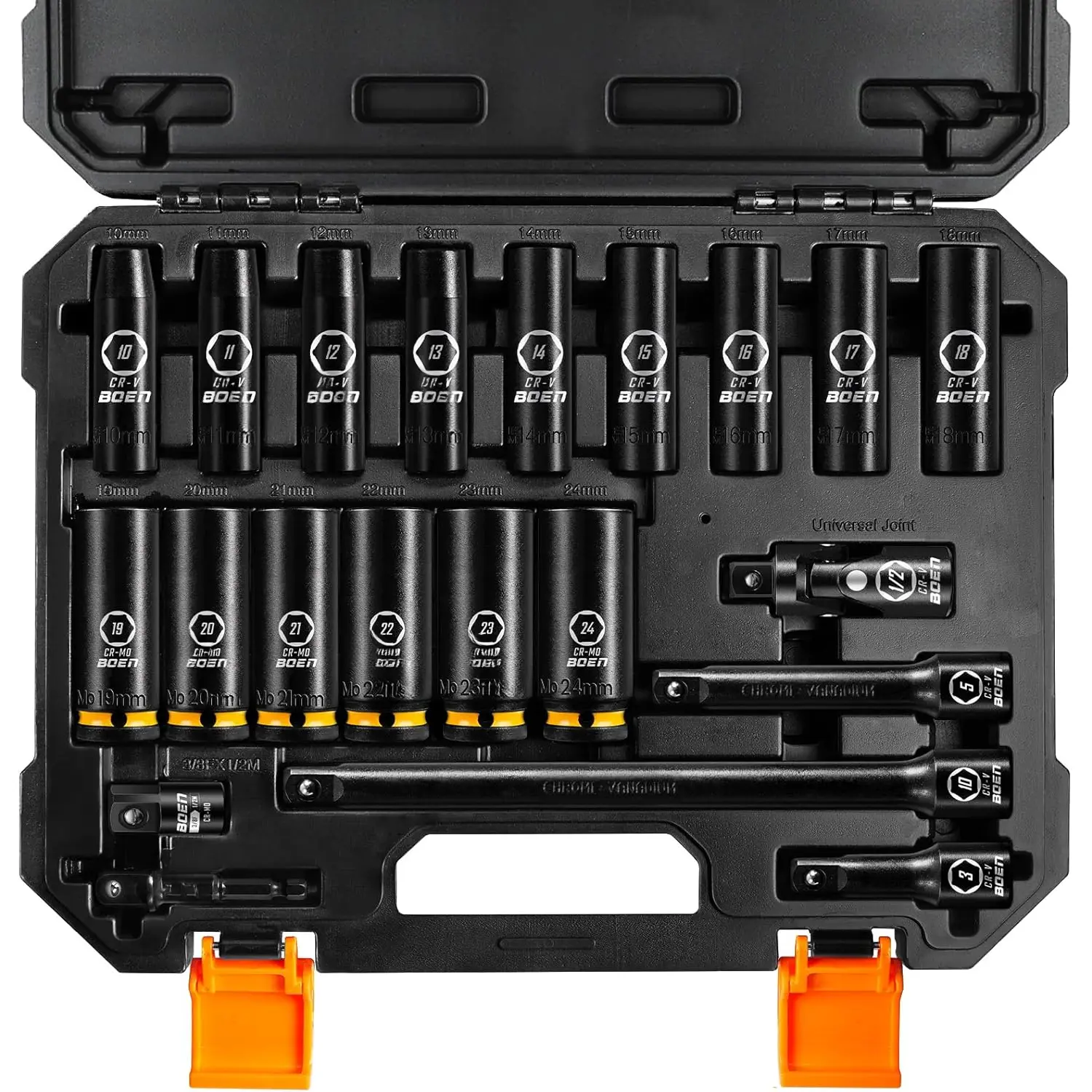Pro 1/2" Drive Metric Deep Impact Socket Set, 21- CR-MO &CR-V Steel, Upgraded Torque & Durability, 10mm-24mm, Includes Extension Bars, Universal Joint, Adapter - Meets ANSI
