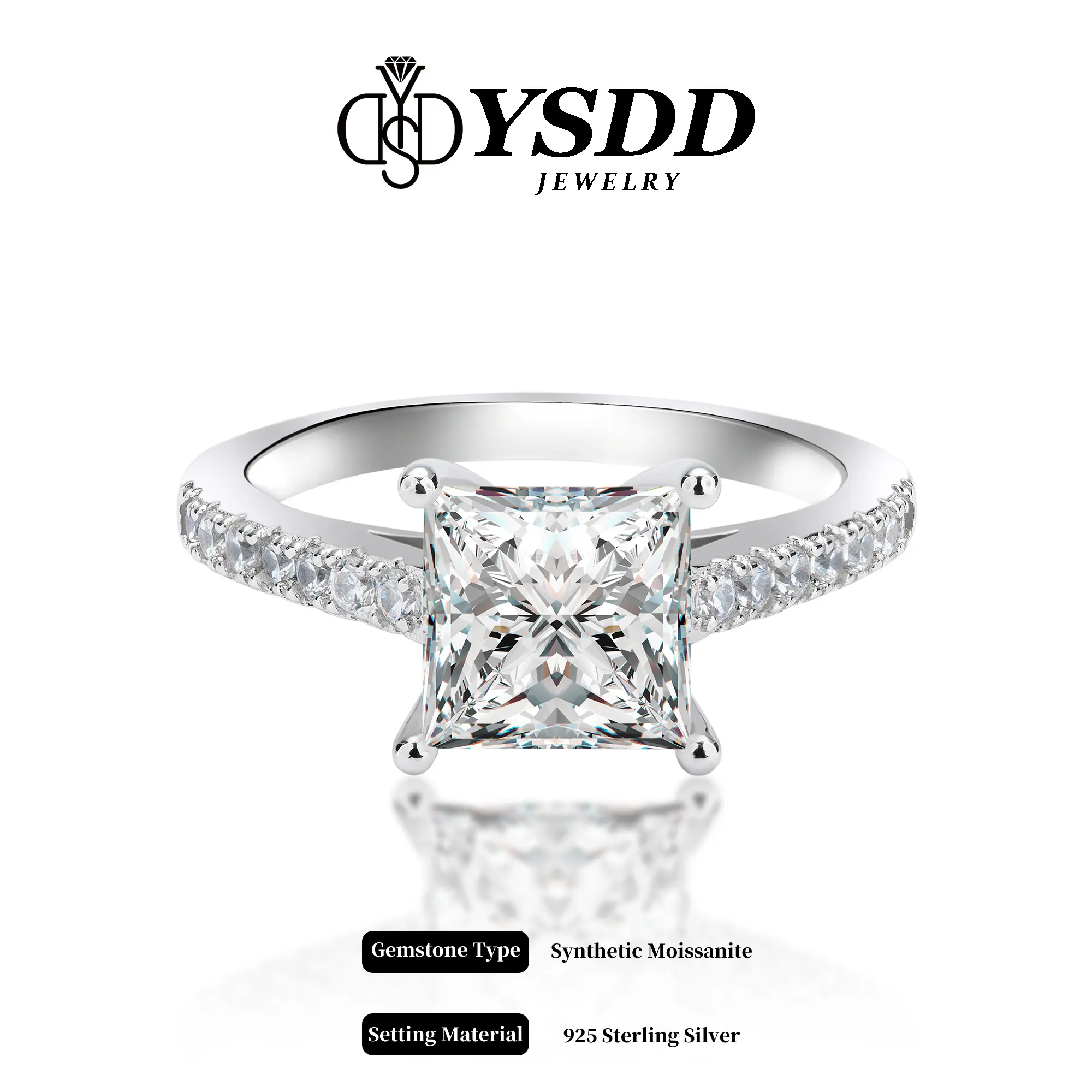 YSDD #46 Style Princess Cut Ring, 1-2 Carat Synthetic Moissanite, 925 Sterling Silver, Classic Princess Elegance