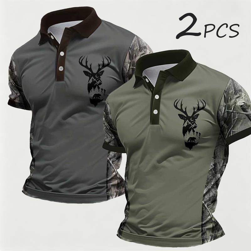Men's 2PCS Camo Print Short Sleeve Polo Shirts - Outdoor Casual Golf Summer Tops
