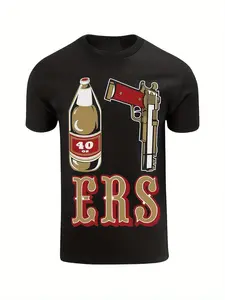 MenS Casual 100% Cotton T-Shirt - ERS San Francisco Football Graphic, High Stretch Fabric, Regular Fit, Short Sleeve Crew Neck - Black with Beer & Pistol Design for All-Season Wear, Comfortable PulloverBold Print TopHigh Stretch Material, Oversized T
