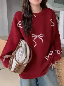 Women's Bowknot Print Crew Neck Sweater, Casual Long Sleeve Jumper for Fall & Winter, Fashion Ladies' Knitwear for Daily Wear, Hoodie