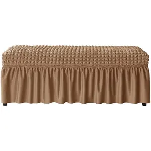 Stretch Upholstered Bench Slipcover Anti-Dust Removable Washable Khaki Seersucker Dining Bench Cover with Skirt for Living Room Bedroom Dining Room