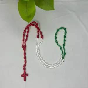 Green/White/Red Knotted Thread Rosary - Rosario birthday gift religious jewelry