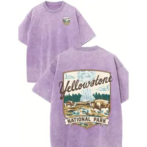 Yellowstone National Park Landscape & Text Graphic Printed Casual Style Men's Casual Wear 230g Washed Cotton Round Neck Short Sleeve Comfortable & Breathable Double - Sided Printed Tee For Summer High - Quality Design
