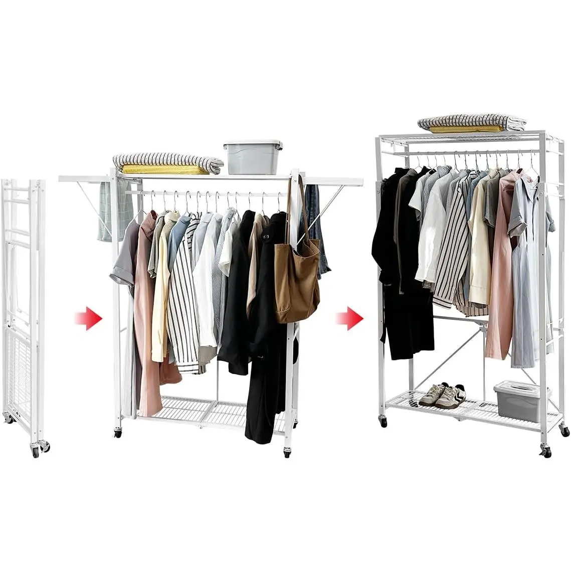 Folding Clothing Rack with Wheels Expandable Wardrobe Portable Clothes Rack for Hanging Clothes Adjustable Closet Shelves Garment Rack Durable Closet Racks for Hanging Clothes(White)