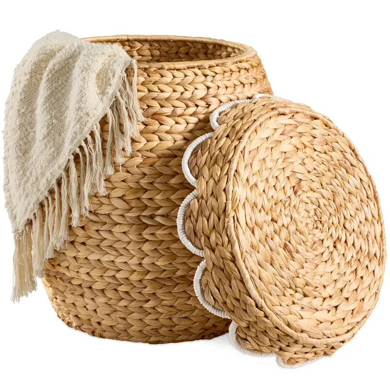 Scalloped Water Hyacinth Storage Tote Basket with Lid