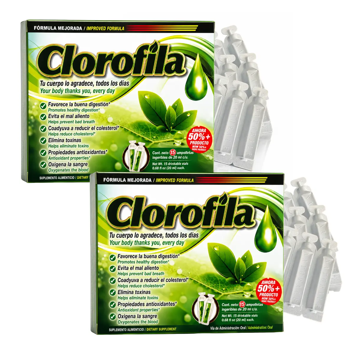 2 Boxes - Viral Clorofila Bebibles 15 pack  (20ml) Each  (30 Drinkable Shots) | Powerful Botanical Blend with Mint & Spearmint | Traditional Herbal Wellness Drink