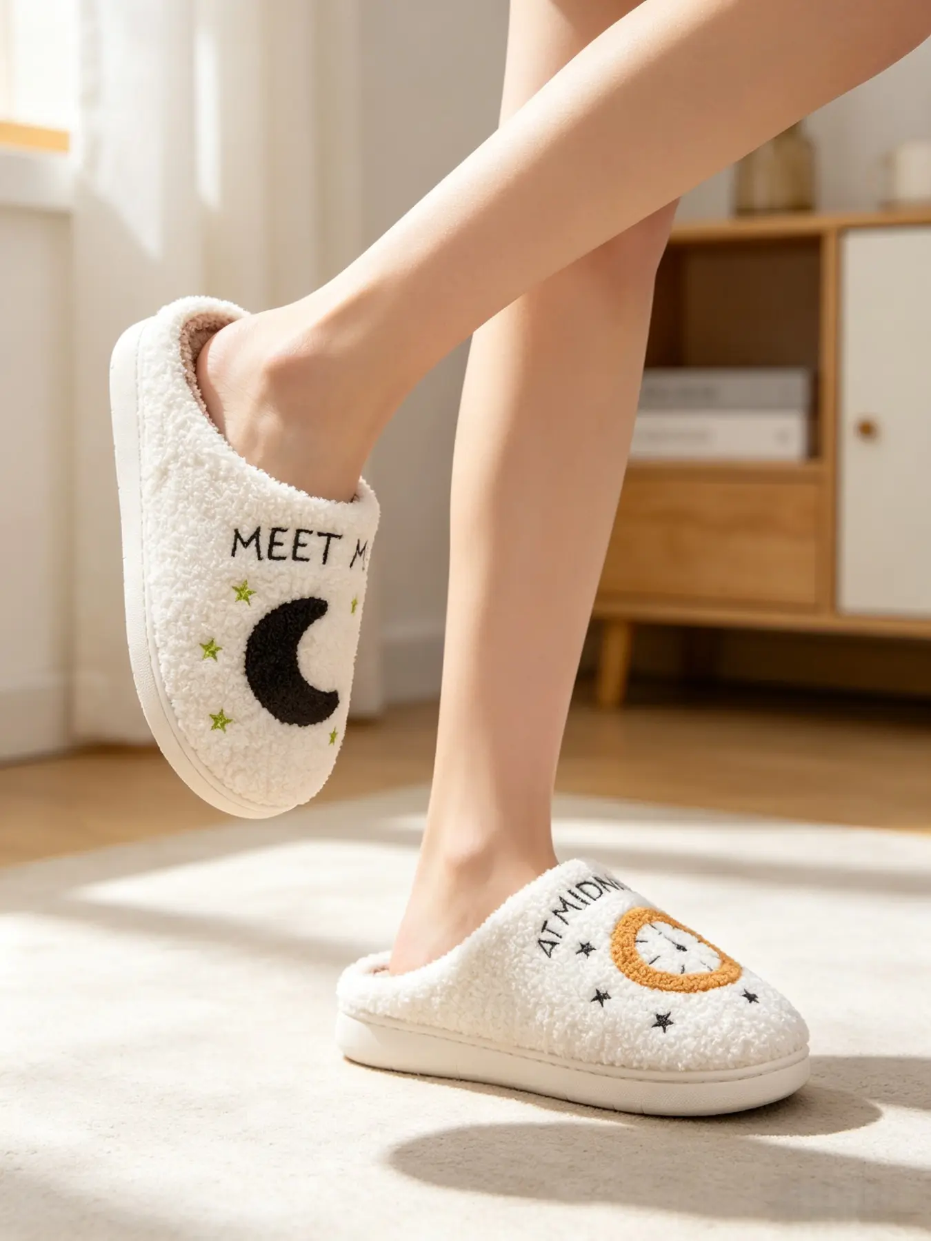 Unisex Asymmetrical Moon Clock Embroidered Fluffy House Slippers, Soft Plush Non-Slip Sole, Casual Indoor Footwear for All Seasons