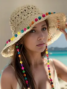 Colorblock Straw Hat with Detachable Chain, Boho Style Sun Hat with Sun Protection for Women & Girls, Fashion Crochet Accessories for Traveling & Beach Party