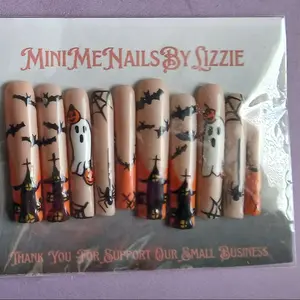MiniMeNailsByLizzie Halloween Square XL Nail Art Design with Ghosts Bats and Pumpkins for Spooky Season
