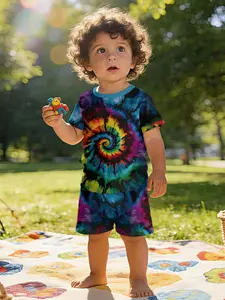 Vintage rainbow tie-dye printed short-sleeve set for infants and toddlers, casual kids' wear for babies, suitable for daily and outdoor sports. The T-shirt is made of 100% polyester, a perfect gift for infants and toddlers!
