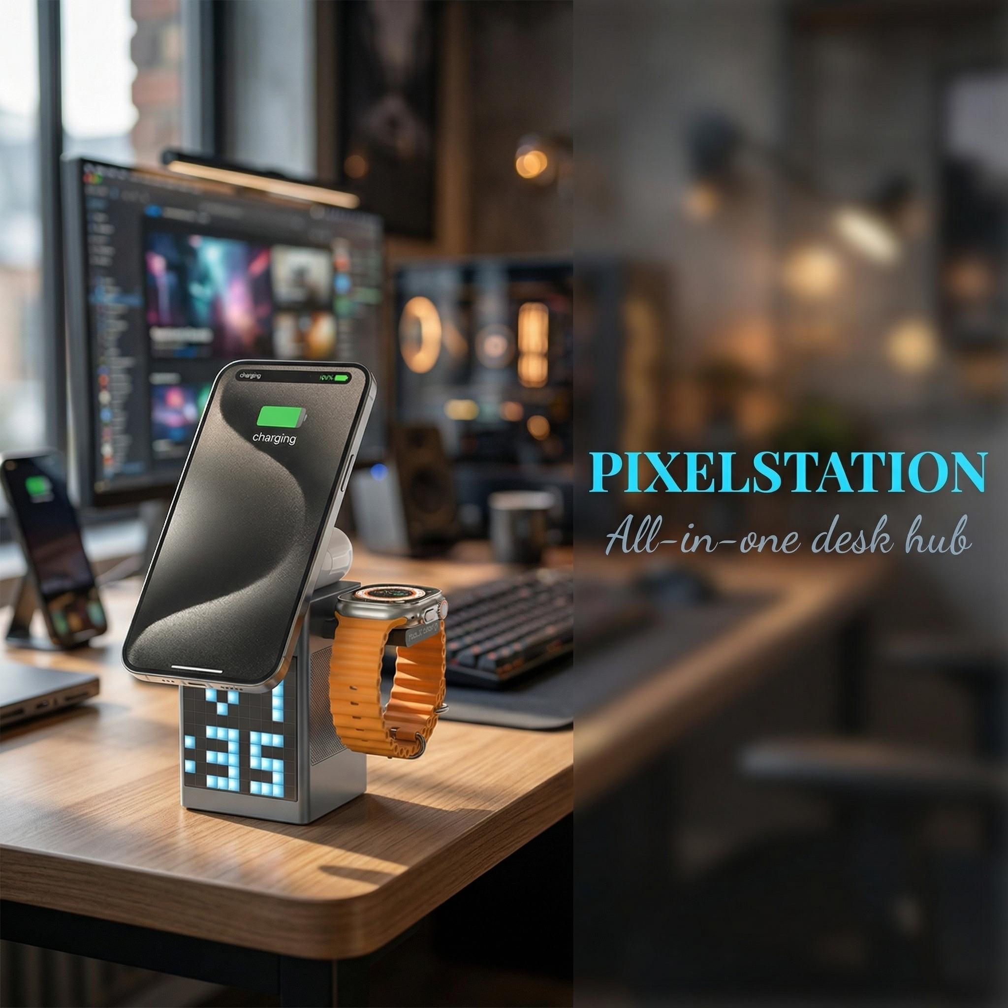 6-in-1 Charging Station for Apple Devices,  15W Magnetic Wireless Charger Stand with Bluetooth Speaker, Digital Alarm Clock, Pixel Display, Compatible with MagSafe iPhone Series, Apple Watch & AirPods - March Madness, Spring Break, World Cup, Easter