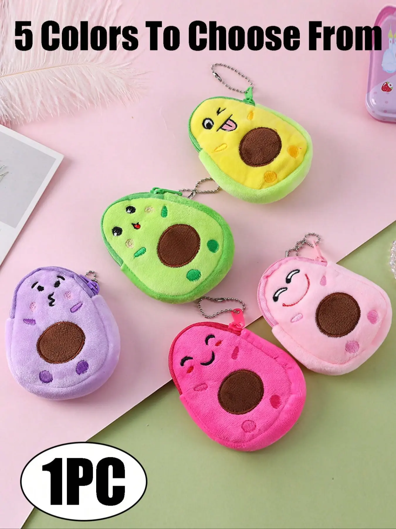 Avocado Shape Wallet, Cute Plush Backpack Charm, Kawaii Expression Plush Coin Purse, Portable Storage Bag, 5 Colors Available