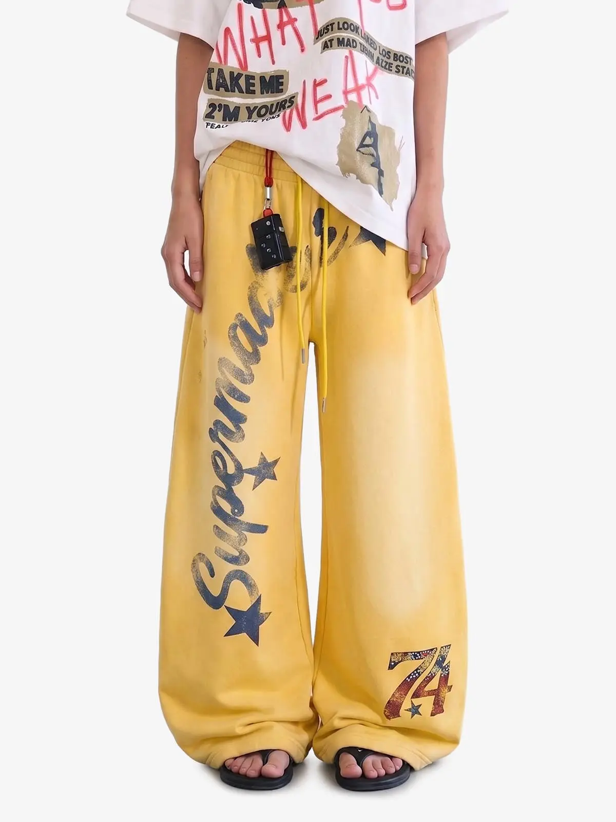 Thesupermade Vintage Star Graphic Wide-Leg Sweatpants | Varsity Letter Washed Streetwear Jogger Men Women