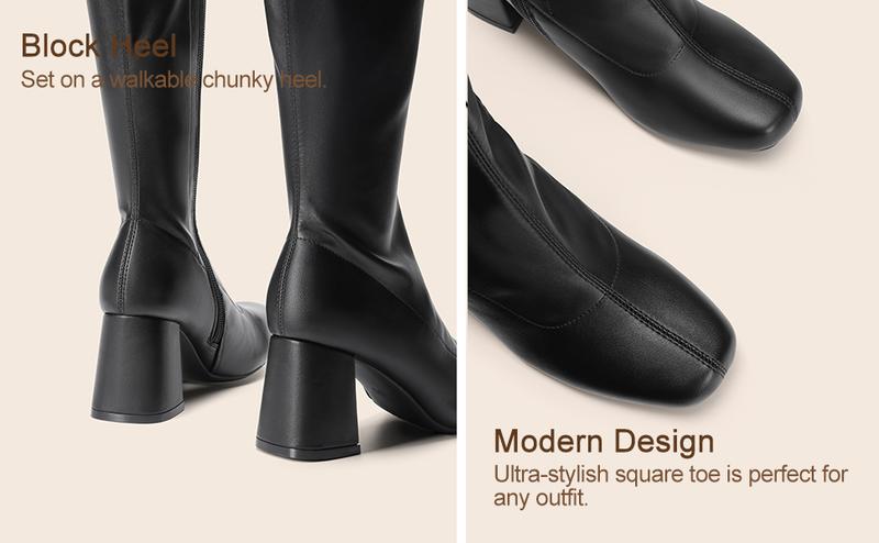 Dream Pairs Women's Fashion Stylish Desire Square Toe Chunky Knee High Gogo Boots High Chunky Block Heel Stretchable PU Upper for Easy Wear Classic Boots Winter Fall Winter