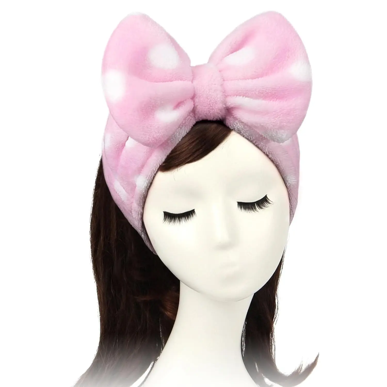 Women Fashion Lovely Soft Carol Fleece Bowknot Bow Makeup  Shower Elastic Hair Band Hairlace Headband (Pink Polka dots)