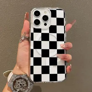 Aesthetic Magnetic Cellphone Cover - Lightweight Ultra-Slim Black and White Checkerboard TPU Casing, Shockproof Playful Accessory, Protector for iPhone 11/12/13/14/15/16/17 Pro Max Devices
