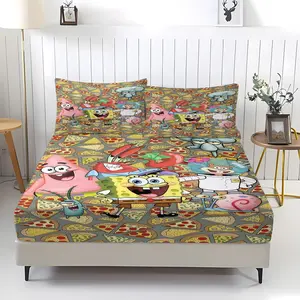 Fun SpongeBob SquarePants Fitted Sheet Set ,Pizza Collage Design, 3-Piece, Perfect for Kids' Room Decor, Gift for Fans