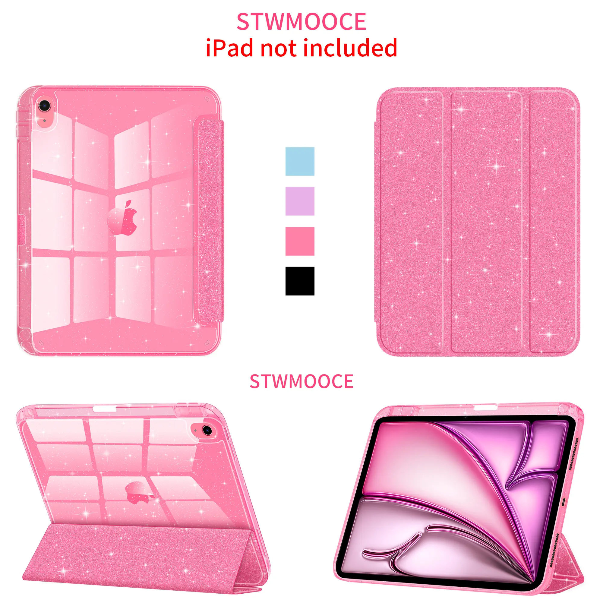 STWMOOCE Pink Glitter Sparkly Clear Back iPad Protective Casing for 10.2-inch iPad 7/8/9th, 11-inch iPad A16 10.9-inch 10th/Air4/5th, iPad Air M2/M3/M4 12.9-inch Pro 3/4/5/6th, 11/13-inch Pro M4/M5 Tablet  Computer Cover Protection Transparent Shell Shiny