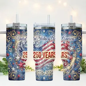 America 250 Years Tumbler - 250th Anniversary Cup with Handle - Patriotic Swirl Stars Travel Mug - 1776-2026 Gift