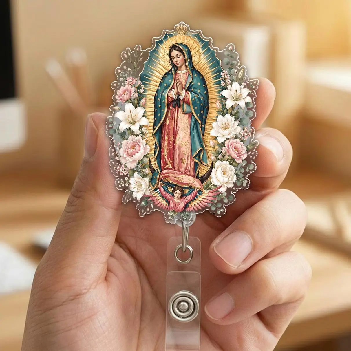 Virgen de Guadalupe Badge Reel: Acrylic Religious Nurse Badge D3HH16