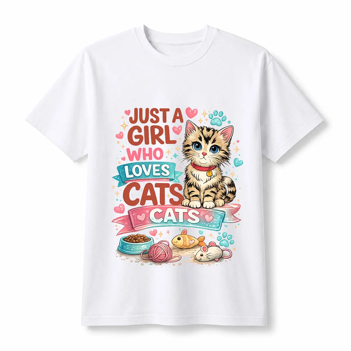 Women's Soft White Cotton Short-Sleeve T-Shirt, "Just a Girl Who Loves Cats" Original Print Casual Top, Cute Kitten Aesthetic Fit Tee, Kawaii Cat Lover Gift, Available in 2XL-5XL