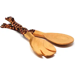 Hand-carved giraffe salad serving set — handmade wooden utensils for salads